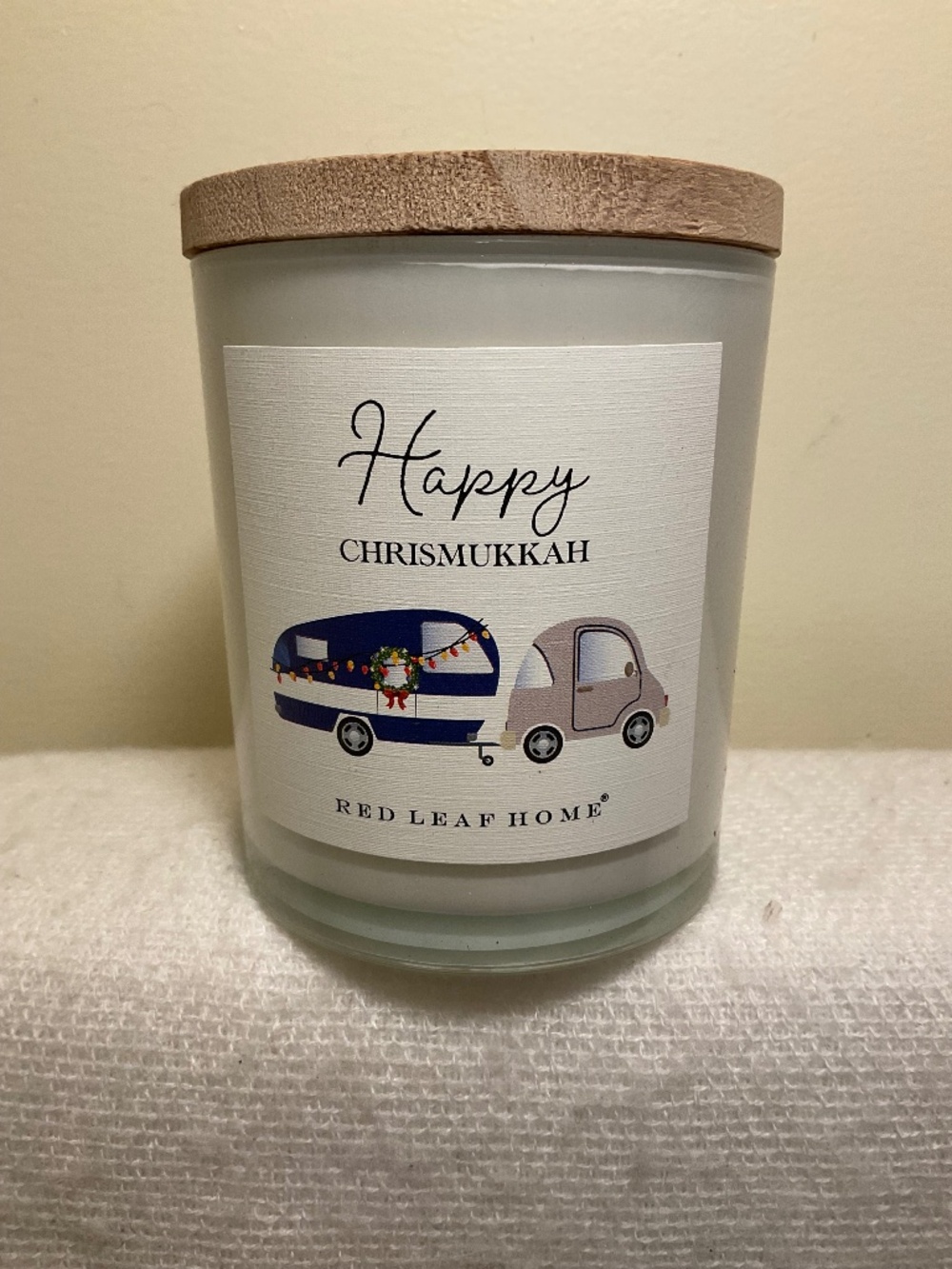 Red Leaf Home Balsam Fir Candle 11 oz Happy Chrismukkah Glass Jar w/ Wooden Lid